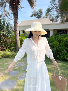 Áo sơ mi ren nữ tay dài GYOMADE® chất liệu cotton cao cấp mềm mịn thoáng mát | GA075