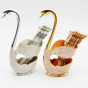 1 Set Stainless Steel Creative Dinnerware Set Decorative Swan Base Holder with 6 Spoons for Coffee FruitDessertStirring MixingDecoration Fruit Dessert Living Room Kitchen Tableware