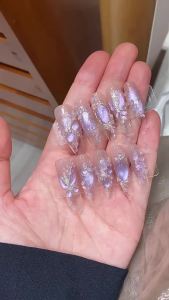 【HANDMADE+Free Glue】Press on Nails Ice Purple Butterfly Hot Sale Super Fairy Smart Cats Eye Phototherapy Fake Nail Patch Artificial Nail Reusable