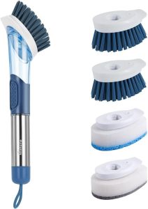 NileHome Dish Brush with Soap Dispenser Dish Scrubber with 4 Replaceable Heads Kitchen Dish Scrub Brush with Stainless Steel Handle Dish Cleaning Brush Dish Wand for Dishes Pots…