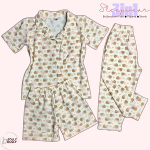Jolly Dolly - Athena Set 3in1 Button-down Polo with Pocket Pajama and Shorts Girls Sleepwear Loungewear Premium Cotton Cute Prints Soft Comfy Terno Everyday Pantulog Pambahay Panglabas Shortsleeve Korean Style Toddler Kids 1-9Years Old Cartoons Aesthetic