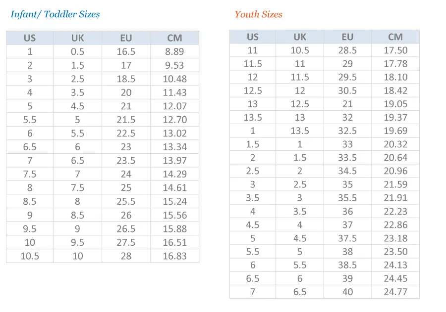 New balance size chart infant hotsell