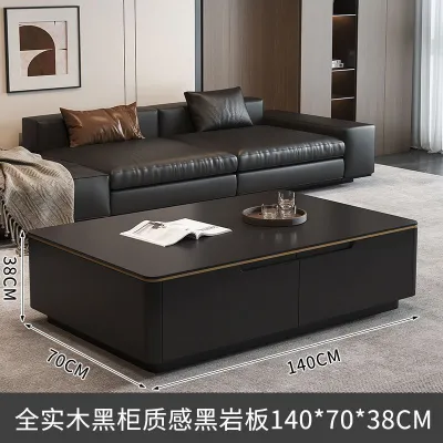 Black Sintered Stone Coffee Table with Solid Wood Base – Modern Minimalist Light Luxury Rectangular Design for Any Livi