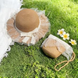 Ladys Sun Hat Net Pearl Lace Bow Wide Brim Straw Sunscreen Sunshade Beach Hat Gifting A Pearl Bag