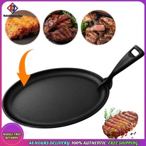 Vodool 10.6 X 6.89in Iron Griddle Oval Shape Sizzler Pan Fajita Skillet Sizzle Griddle Fajita Server Plate for Stove Cooking Grilling Meats Seafood