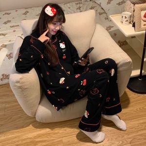 Korean Casual Women Soft Cotton Red & Black Contrast Kitty Print Pajamas Set Breathable Outdoor Wearable Homewear
