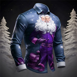 ZEEMIN Christmas 3d Print Mens Shirts Casual Single-Breasted Blouses Long Sleeve Shirt Fashion Holiday Party Trend Tops Men Clothing