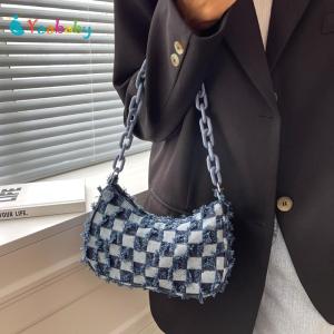 Women Grid Chain Handbag Fashion Vintage Denim Shoulder Bag Casual Handbag Large Capacity for Daily Office Use Sling Bag