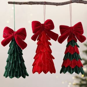 VCH Handmade Velvet Christmas Tree Ornament Vintage Layered Cut Mini Christmas Tree Decor Holiday Craft Hangin Bow Fabric Xmas Tree Pendant Christmas