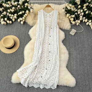 Bohemian Beach Style Summer Cardigan Women Crochet Hollow Out Female Cardigans Sleeveless Single Breasted Long Coat Dropshipping