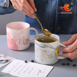 Couple Mug Set 1 pc Mr. and 1 pc Mrs. Mug With Gift Box Lid and Gold Spoon Wedding Gift Set