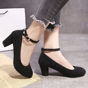 Free Shipping New Spring And Autumn Korean-Style Suede High-Heeled Shoes With A Waterproof Platform Buckle Detail Chunky Heel Mid-Heel And Shallow Toe Design Suitable For Professional Wear