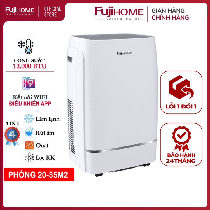 Máy lạnh di động 12.000 BTU thông minh nhập khẩu Fujihome, máy điều hòa di động đứng mini điều khiển Wifi đa năng làm lạnh, hút ẩm, lọc không khí