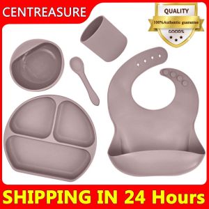 【Fast Delivery】5Pcs 100% Food Grade silicon baby feeding set Baby feeding utensils Baby feeding meal set Feeding set for baby Baby essentials for eating