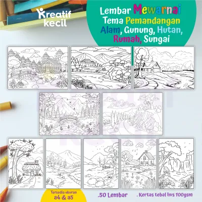 Mewarnai kertas gambar untuk anak tema pemandangan alam gunung hutan rumah sungai 10-50 lembar hvs tebal 100 gsm