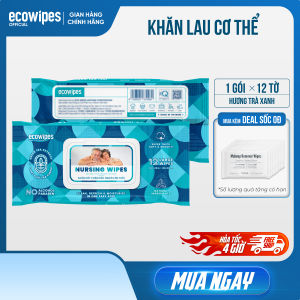 Khăn ướt vệ sinh người lớn tuổi EcoWipes gói 12 khăn size lớn 30x20cm hương trà xanh dùng 1 lần lau người bệnh khó khăn di chuyển