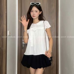 Áo sơ mi nữ A.764 Áo sơ mi cổ sen tay hến phối nơ to lệch dáng lửng dễ thương dễ phối đồ - Shop Chấm Bi