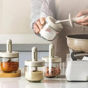 300ML kitchen Glass Seasoning Retractable Bottle Spoon Spice Jar Condiment and Moisture-proof Containers Storage Bottle