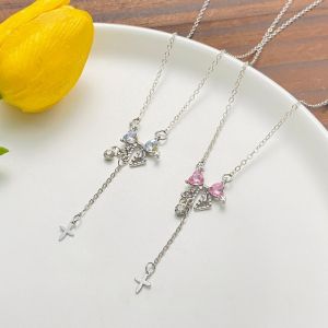 Trendy Bow Zirconia Tassel Necklace with Cross Pendant Clavicle Chain for Women Fashion Jewelry Gift