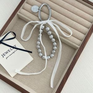HOTOTO Black White Color Bead Keyring Silk Ribbon Engraved Oval Metal Ribbon Keychain Korean Style Hanging Cord Rope Metal Key Ring for Young Women