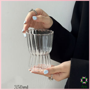 Ayla แก้ววินเทจ ถ้วยกาแฟลายทางสไตล์ญี่ปุ่น ลายจีบด้านในทั้งใบ Glass coffee cup