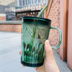 Gelas Tumbler Kaca Diamond Cangkir Estetik Hijau dengan Sedotan Kaca