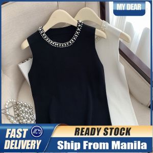 Bead-beaded T Shirts for Women Semi-high Neck Suspender Vest Knitted T-shirt