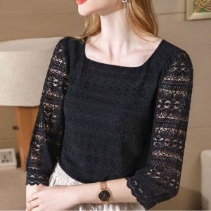 Áo sơ mi dài tay màu đen trang trọng cho nữ size lớn áo thun trơn kiểu Hàn Quốc áo kiểu công sở áo thun ren hoa gợi cảm