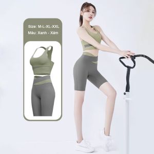Bộ quần áo tập gym nữ không viền cổ vải thun lạnh co giãn 4 chiều có mút ngực - Set quần lỡ và áo bra KENZI-64