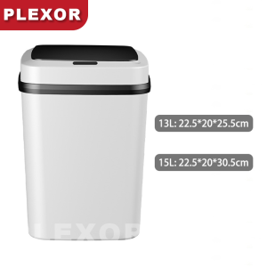 Plexor Automatic Touchless Trash Can with Soft-close Lid 13/15L Square Motion Sensor Garbage Bins Plastic Electric Home Waste Bin for Kitchen/Living Room/Bedroom/Office(White Black)