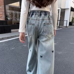 New 4-14 Years Spring Autumn Teenage Girls Jeans Full Print Bow Embroidery Fashion Wide-leg Denim Pants For Kids2026