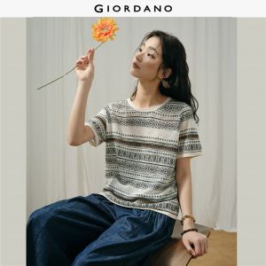 GIORDANO Women Sweaters Totem Jacquard Knitwear Rolled Trim Short Sleeve Fashionable Casual Loose Knitwear 18356609