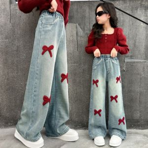 Girls Jeans Embroidered Bow Elastic Waist Loose Straight Leg Korean Version Jeans Girls Jeans With Height Of 130-160CM