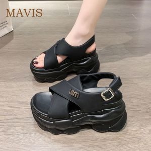 Solid Soft Leather Soft Sole Wedge Sandals Womens Summer New Versatile Casual 8cm High Roman Sandals