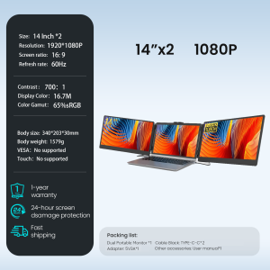 【Local Warehouse】VFLOW Dual Laptop Screen Extender Portable Monitor 14" 1080P IPS Portable Triple Monitor for 14-16" Laptops with USB-C Port Plug and Play 100% SRGB Dual Speakers Extender Display.for Windows/Macbook air/Switch/PS5
