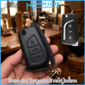 Bao Da Chìa Khoá Ô Tô TOY-E3 Toyota Fortuner Hilux Innova Chìa Khoá Gập Cắm Ổ 3 Nút Bấm Da Thật Bảo Hành 12 Tháng Handmade