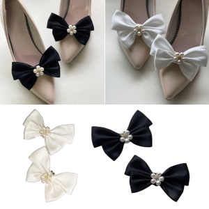 Handmade Bowknot Shoe Buckle with Pearls Shoe Clip Wedding Shoe Decoration Charms DIY Crafts Findings Accessory