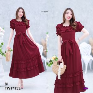 TW17155 แม็กซี่เดรสยาวสีพื้นเปิดไหล่ ผูกเอว