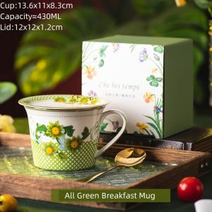 OMK European-style Luxury Bone China Mug With Lid 430ML Flared Breakfast Cup Ceramic Coffee Cup