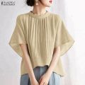 ZANZEA Korean Style Women Summer Solid Color Pleated High-Low Blouses Stand Collar Raglan Sleeve Tops #0929. 