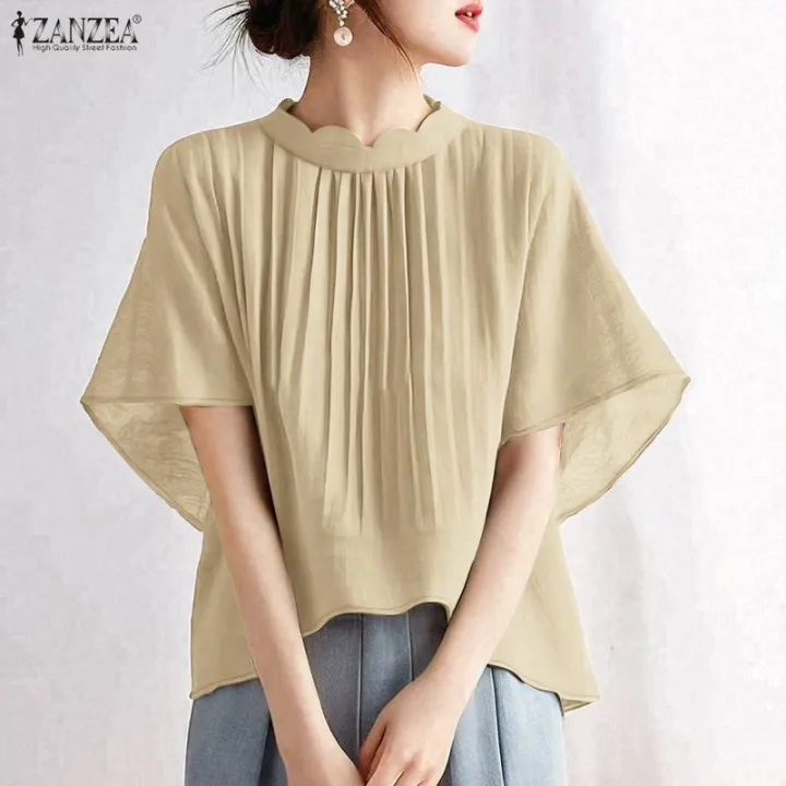 ZANZEA%20Korean%20Style%20Women%20Summer%20Solid%20Color%20Pleated%20High-Low%20Blouses%20Stand%20Collar%20Raglan%20Sleeve%20Tops%20#0929%20-%20Image%202