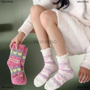 [COD] WEICHENG Cute Flower Coral Fleece Plush Mid-calf Socks Womens Autumn Winter Thicken Warmer Socks Home Floor Sleeping Sock Christmas Gift