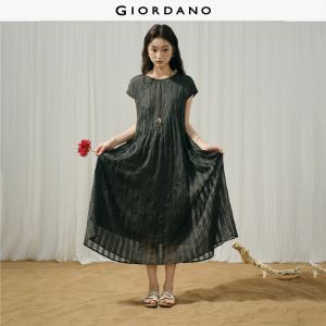 Giordano Women Crinkled striped plaid tie waist dress Free Shipping 18466822