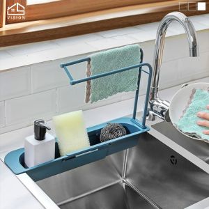 Vision Kitchen Telescopic Sink Storage Rack Adjustable Dishcloth Sponge Holder Expandable Storage Drain Basket Shelf Kitchen Organization