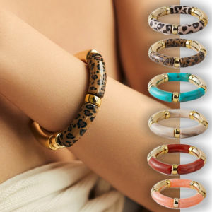 ED Acrylic Leopard Bracelets Stretchy Beaded Bohemia Style Bracelets Fashion Wristband Curved Tube Bangle Women