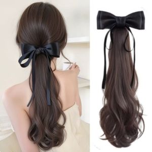 LAOO ต่อผม วิกผมหางม้าโบว์สีดำ หางม้าต่ำ แฮร์พีซ หางม้าลอนยาว หวาน ธรรมชาติ แฮร์พีซหางม้า สำหรับผู้หญิง