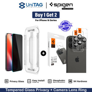 [BUY 1 GET 2] Tempered Glass iPhone 16 15 Series Pro Max Plus Spigen EZ Fit Privacy Anti Spy + Camera Lens Protector Spigen Optik Pro Black