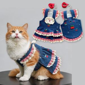 OUTOPEN Denim Cherry Pet Dog Skirt Suspender Dress Breathable Mesh Cat Clothes Cute Soft Vest Dog Denim Dress Spring Summer