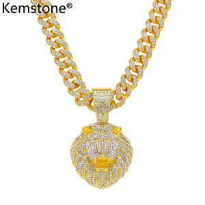 Kemstone Mens Hiphop Bling Lion Head Pendant Necklace Full Diamond Zinc Alloy Chain Jewelry Gift