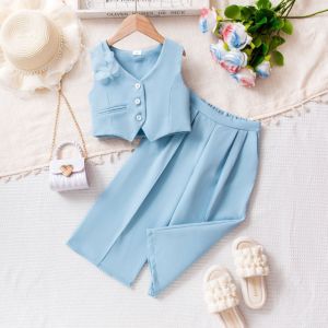 Setelan Anak Perempuan Tanpa Lengan Warna Biru Langit Vest & Celana Kulot Anak Fashionable